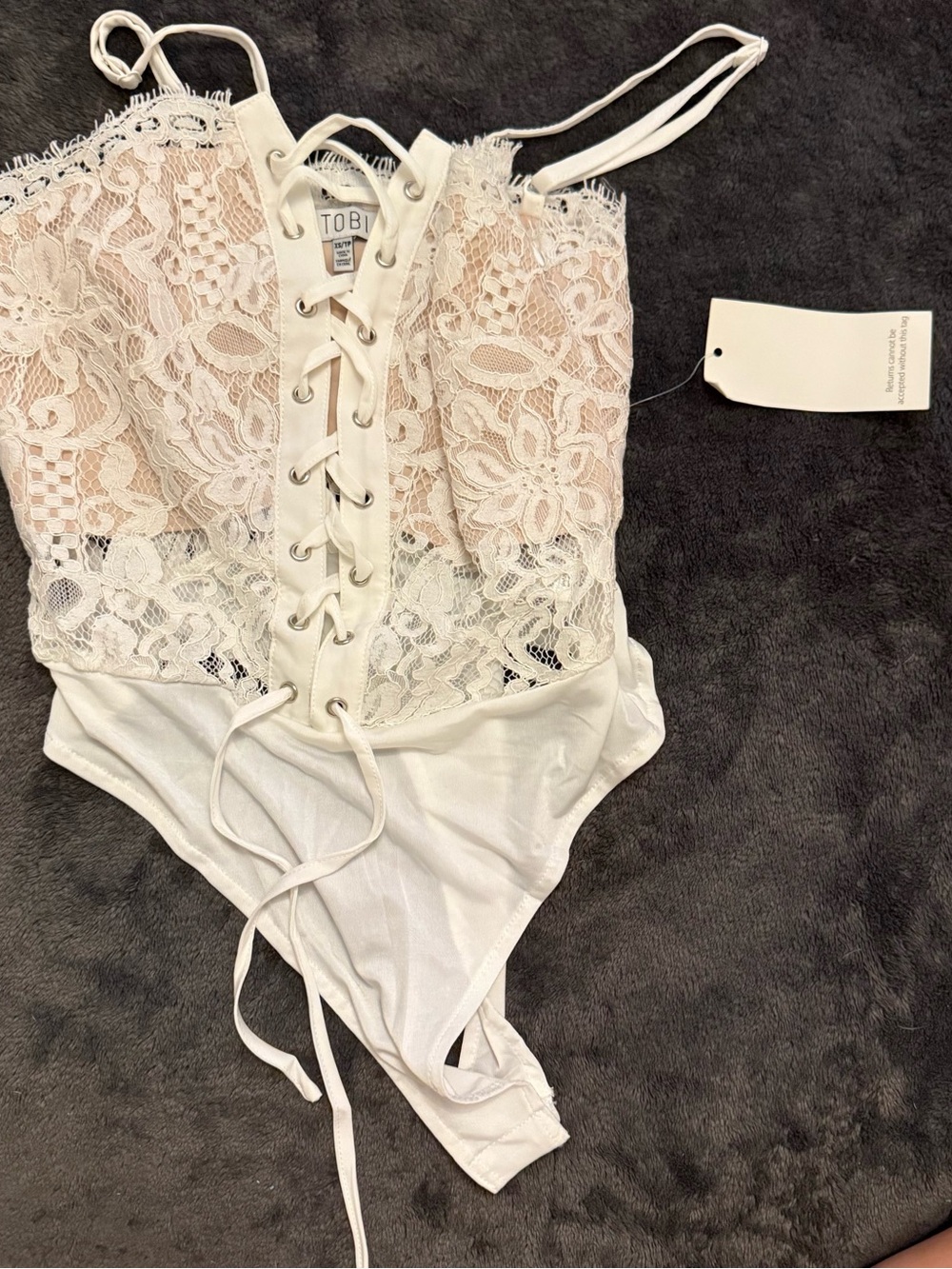 Tobi White Lace-Up Lace Bodysuit